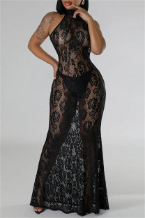 Black Sexy Solid Color See-Through Backless Halter Long Dresses