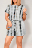 Red Casual Gradient Print Draw String Pocket O Neck Loose Rompers
