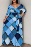 Dark Blue Elegant Print Patchwork Strap Design V Neck Long Plus Size Dresses