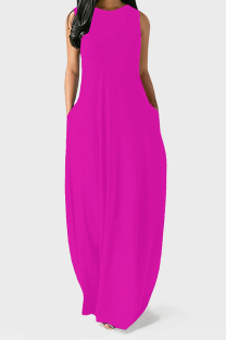 Rose Red Casual Solid Color Pocket O Neck Vest Dresses