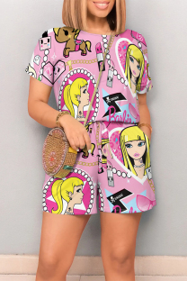 White Pink Casual Street Geometric Print Cartoon Print Draw String Pocket Contrast O Neck Loose Rompers