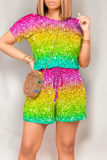 White Pink Casual Street Geometric Print Cartoon Print Draw String Pocket Contrast O Neck Loose Rompers