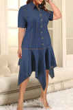 Deep Blue Street Solid Color Buckle Patchwork Ruched Turndown Collar Irregular Plus Size Dresses
