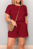 Dark Gray Casual Solid Color Draw String Pocket Patchwork O Neck Loose Rompers