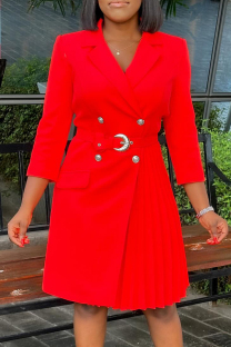 Red Celebrities Solid Color Buttons Patchwork Ruched V Neck A Line Dresses