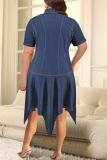 Deep Blue Street Solid Color Buckle Patchwork Ruched Turndown Collar Irregular Plus Size Dresses