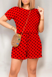 Black Casual Print Polka Dot Draw String Contrast O Neck Loose Rompers