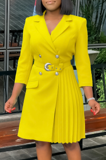 Yellow Celebrities Solid Color Buttons Patchwork Ruched V Neck A Line Dresses