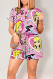 White Pink Casual Street Geometric Print Cartoon Print Draw String Pocket Contrast O Neck Loose Rompers