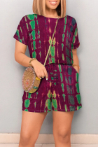 Purplish Red Casual Gradient Print Draw String Pocket O Neck Loose Rompers