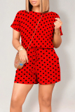 Black Casual Print Polka Dot Draw String Contrast O Neck Loose Rompers