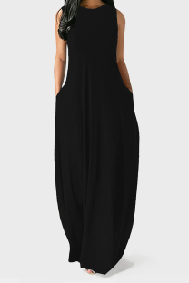 Black Casual Solid Color Pocket O Neck Vest Dresses