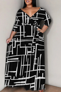 Black And White Elegant Print Patchwork Strap Design V Neck Long Plus Size Dresses
