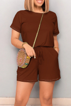 Brown Casual Solid Color Draw String Pocket Patchwork O Neck Loose Rompers