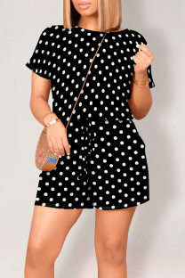 Black Casual Print Polka Dot Draw String Contrast O Neck Loose Rompers