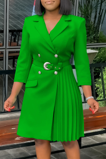 Green Celebrities Solid Color Buttons Patchwork Ruched V Neck A Line Dresses