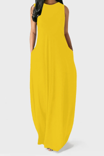 Yellow Casual Solid Color Pocket O Neck Vest Dresses