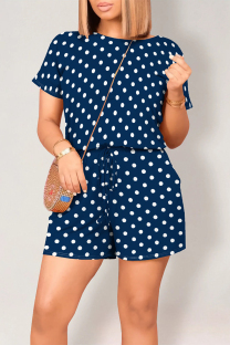 Blue Casual Print Polka Dot Draw String Contrast O Neck Loose Rompers