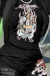 Black Casual Street Print Letter O Neck Short Sleeve Two Pieces