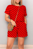 Black Casual Print Polka Dot Draw String Contrast O Neck Loose Rompers