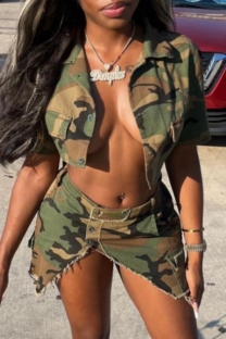 Army Green Sexy Casual Camouflage Print Irregular Turndown Collar Short Sleeve Two Pieces