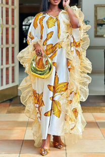 White Street Print Patchwork Ruffled Trim V Neck Long Dresses