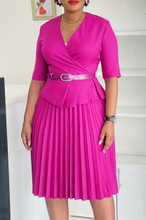 Rose Red Elegant Solid Color Patchwork Ruched With Belt V Neck Long Dresses