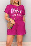 Burgundy Casual Daily Letter Print Pocket Lace Up O Neck Loose Rompers