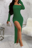 White Elegant Solid Color Patchwork Backless High Slit Off Shoulder Long Dresses