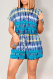 Navy Casual Street Geometric Print Draw String Pocket Contrast O Neck Loose Rompers