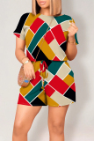 Multicolor Casual Geometric Print Letter Print Pocket Contrast O Neck Loose Rompers