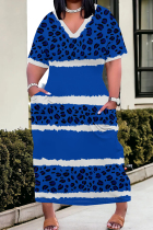 Blue Street Print Pocket Patchwork V Neck Straight Plus Size Dresses