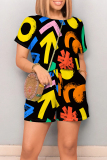 Multicolor Casual Geometric Print Letter Print Pocket Contrast O Neck Loose Rompers