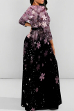 Brownness Elegant Print Patchwork Strap Design O Neck Long Dresses