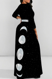 Brownness Elegant Print Patchwork Strap Design O Neck Long Dresses