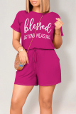 Burgundy Casual Daily Letter Print Pocket Lace Up O Neck Loose Rompers