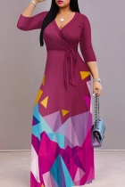 Fuchsia Elegant Print Patchwork Strap Design V Neck Long Dresses