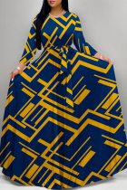 Blue Elegant Gradient Print Camouflage Print Letter Print Faux Denim Print Lace Up Contrast O Neck Printed Dresses