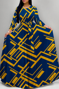Blue Elegant Gradient Print Camouflage Print Letter Print Faux Denim Print Lace Up Contrast O Neck Printed Dresses