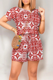 Red Casual Street National Totem Print Draw String Pocket O Neck Loose Rompers