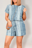 Navy Casual Street Geometric Print Draw String Pocket Contrast O Neck Loose Rompers