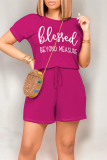 Burgundy Casual Daily Letter Print Pocket Lace Up O Neck Loose Rompers