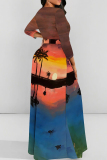 Brownness Elegant Print Patchwork Strap Design O Neck Long Dresses