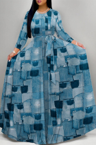 The cowboy blue Elegant Gradient Print Camouflage Print Letter Print Faux Denim Print Lace Up Contrast O Neck Printed Dresses