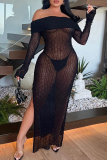 White Elegant Solid Color Patchwork Backless High Slit Off Shoulder Long Dresses