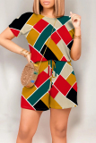 Multicolor Casual Geometric Print Letter Print Pocket Contrast O Neck Loose Rompers