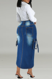 Blue Street Pocket Buttons Patchwork High Slit Zipper Straight Plus Size 