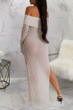 White Elegant Solid Color Patchwork Backless High Slit Off Shoulder Long Dresses
