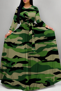 Camouflage Elegant Gradient Print Camouflage Print Letter Print Faux Denim Print Lace Up Contrast O Neck Printed Dresses