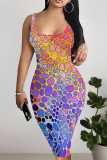 Multi-color Sexy Geometric Print Contrast U Neck Printed Dresses